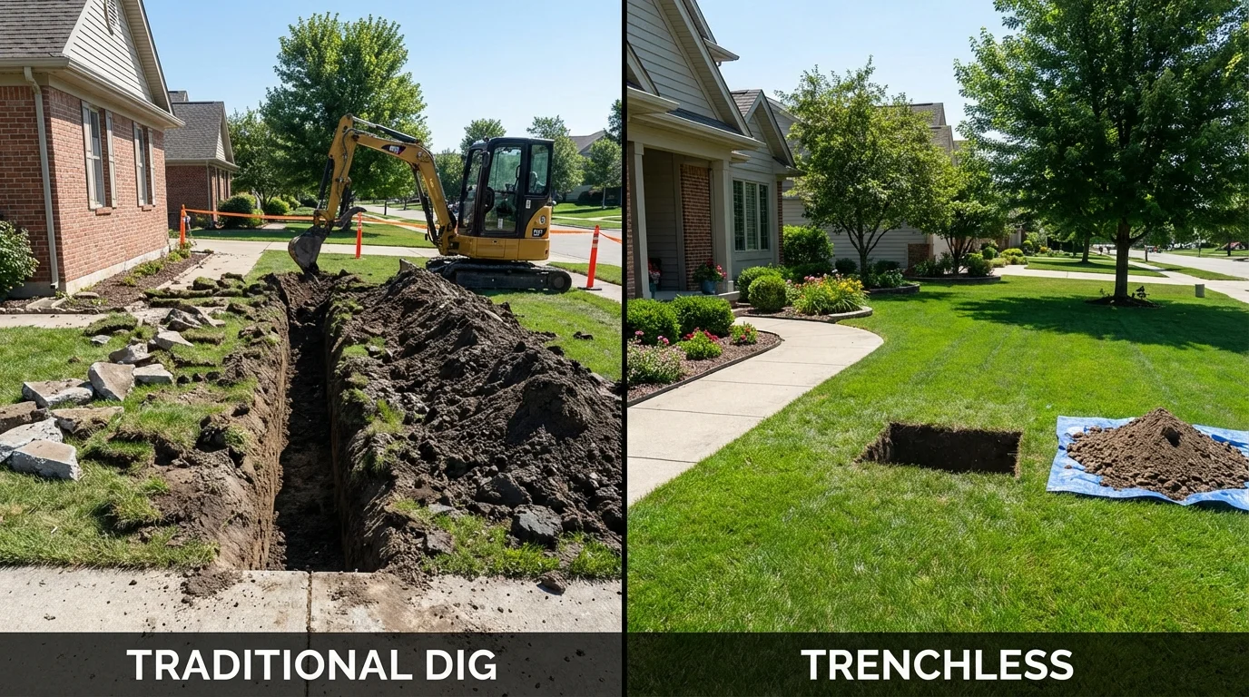Trenchless sewer repair with minimal yard damage versus traditional excavation in Leland, MS