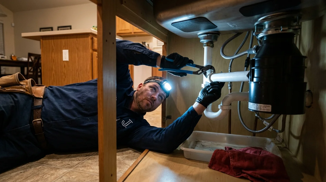 P-trap and supply line connections under a kitchen sink showing a common leak point in Leland, MS